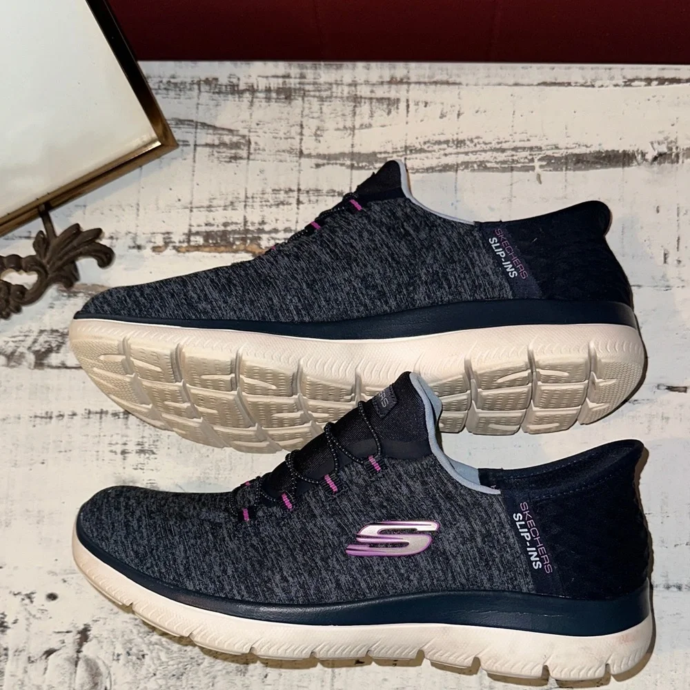 Skechers Women's Slip-Ins Navy Knit Walking Shoes - Picture 4 of 5